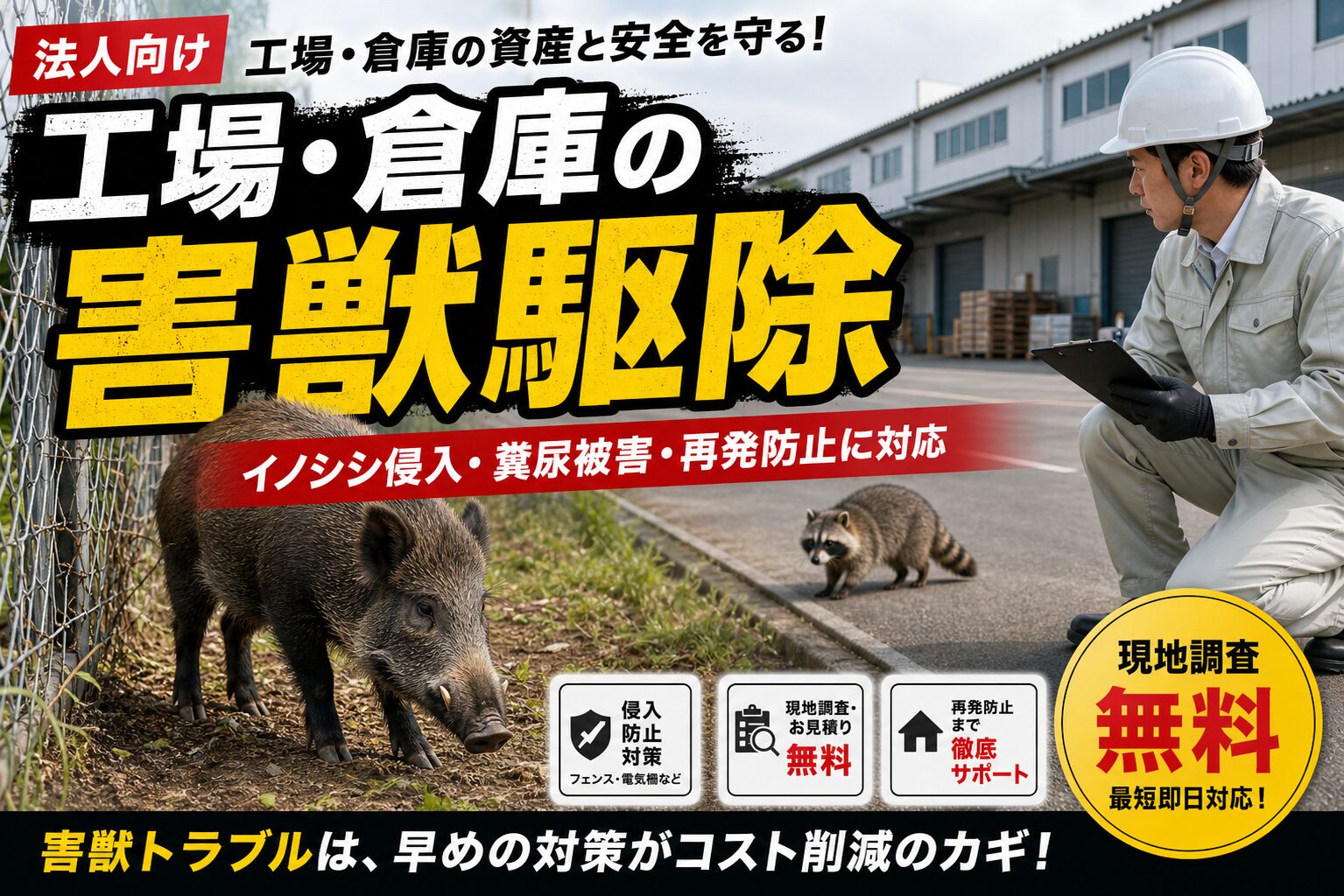 北九州の工場・倉庫向け害獣駆除|イノシシ侵入対策