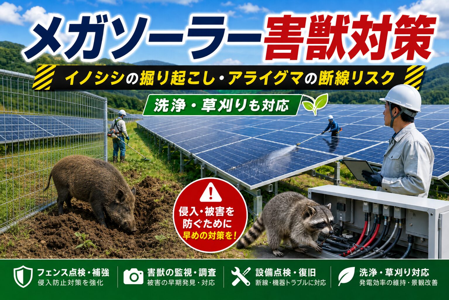 北九州のメガソーラー害獣対策|洗浄・草刈りも対応