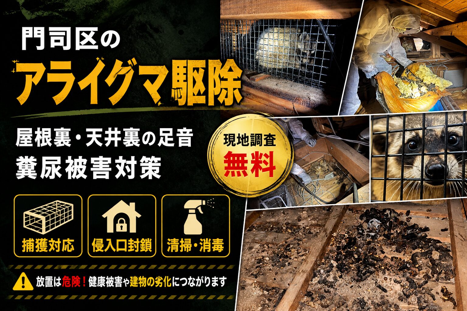 門司区のアライグマ駆除|屋根裏・天井裏の足音や糞尿被害対策