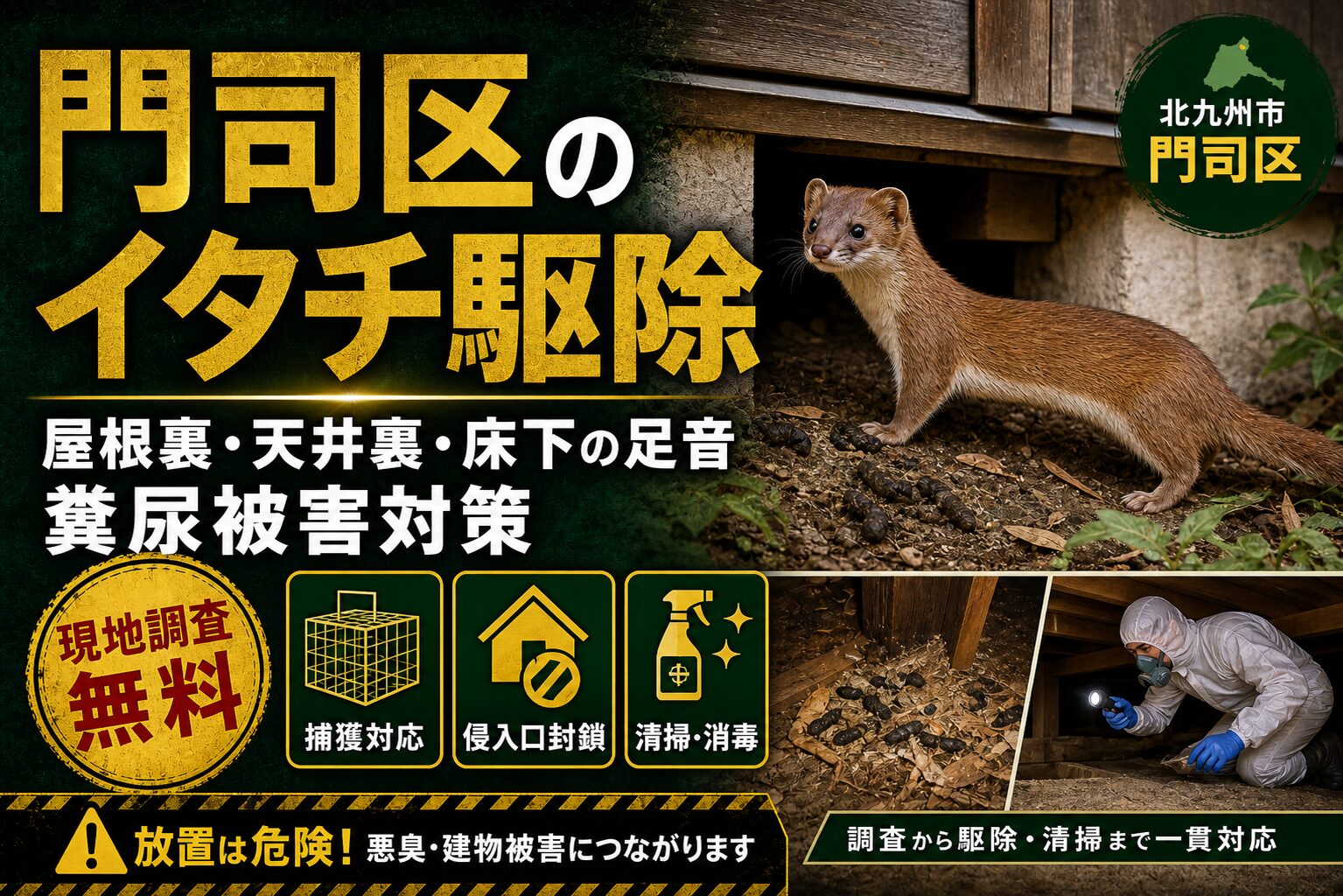 門司区のイタチ駆除｜屋根裏・天井裏・床下の足音や糞尿被害対策