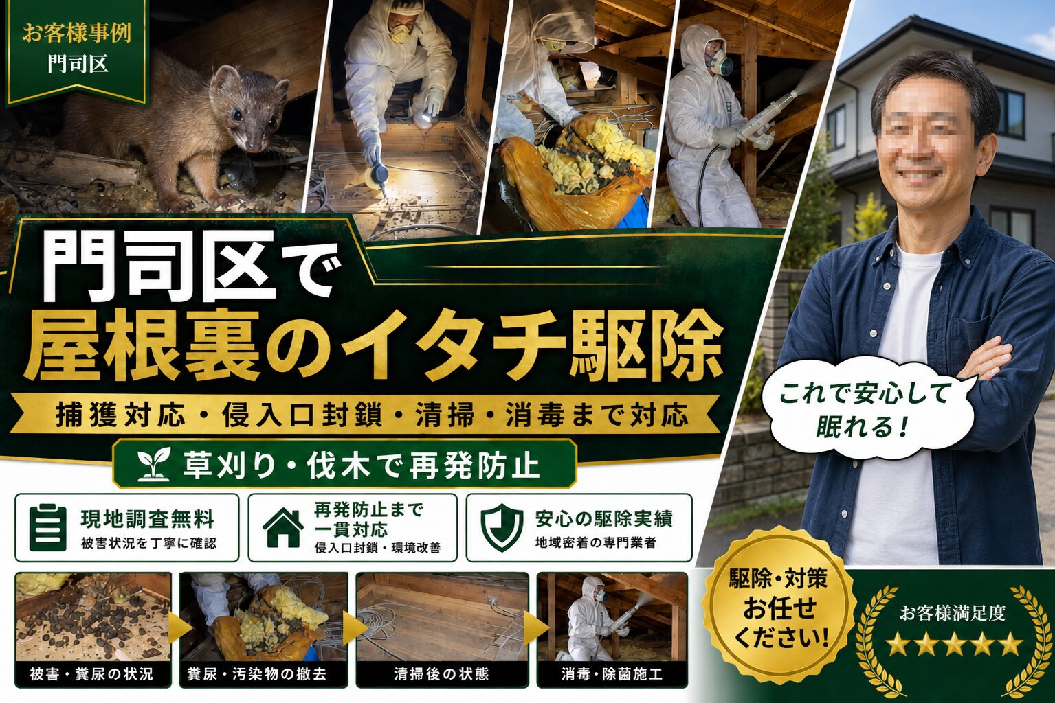 門司区でイタチ駆除のご依頼｜屋根裏・天井裏の足音調査と侵入口封鎖